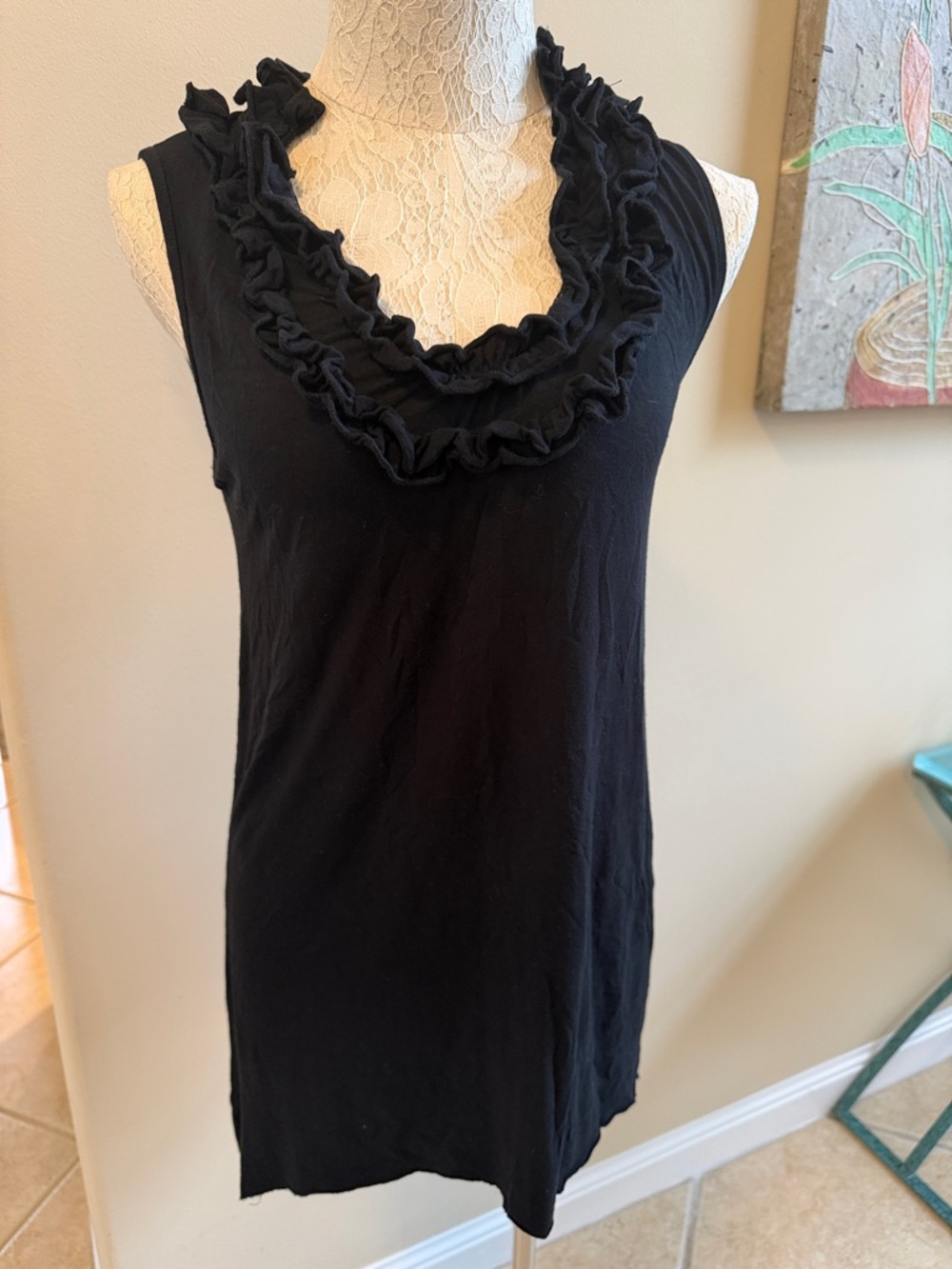 INC International Concepts Black Ruffled V-Neck Sleeveless Tank